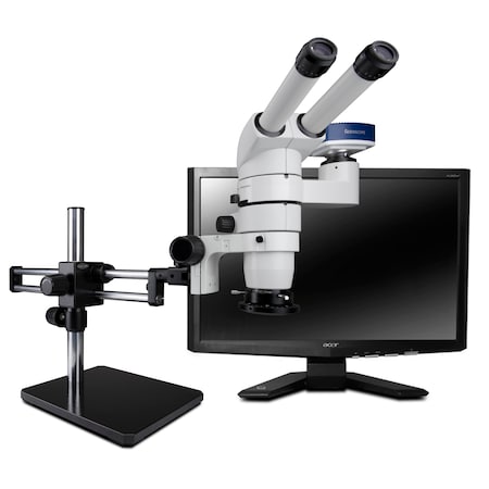 20° Head Stereo Zoom Microscope, LED Light, Camera On Dual Arm Stand